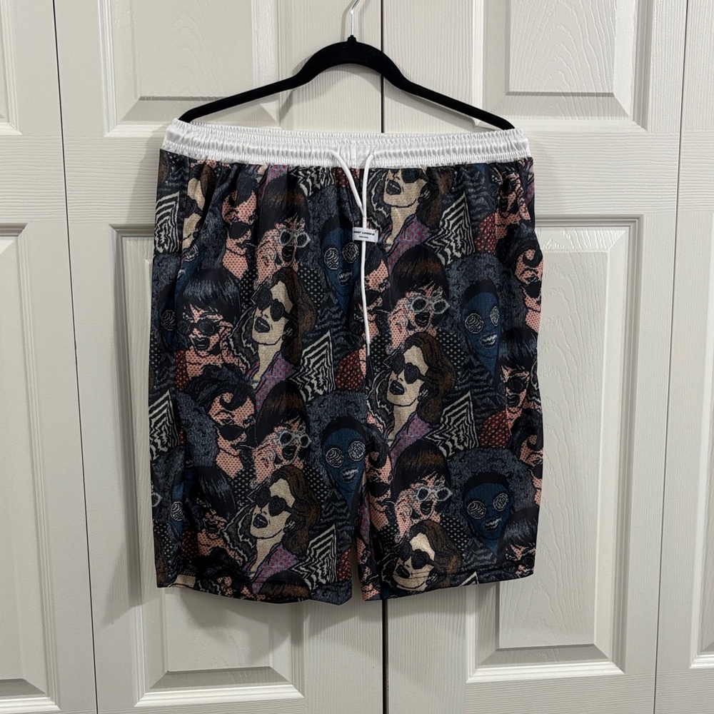 Graphic Faces Print Swim/Board Shorts - White Waistband, Multicolor